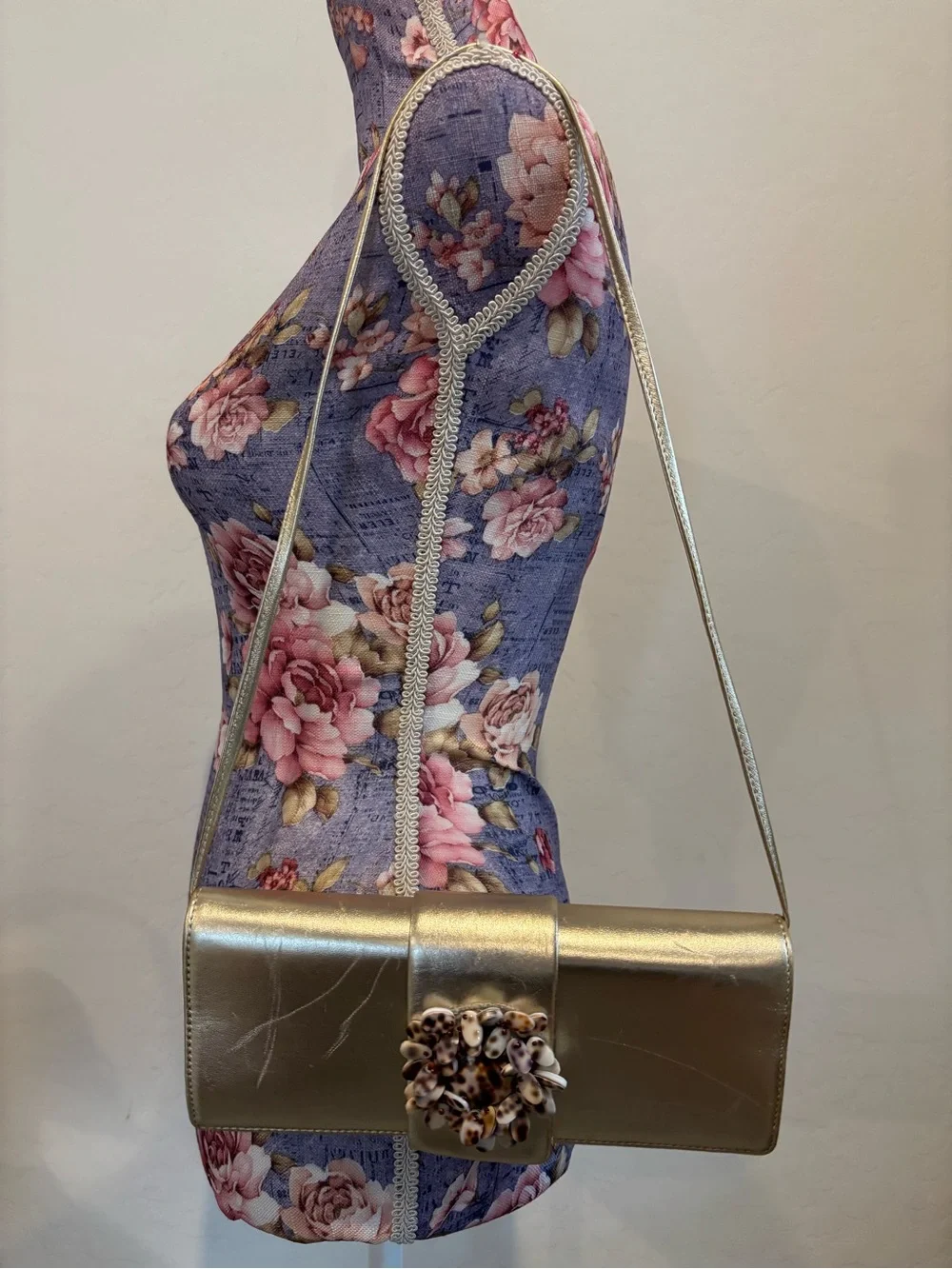 Oscar De La Renta Metallic Gold Evening Clutch with Shell Accent